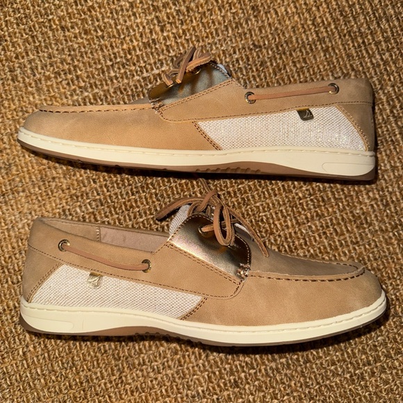 NEW Sperry Top Sider Whalefish Brown Gold Leather Linen 2 Eye Boat Shoes 10 - Picture 1 of 7